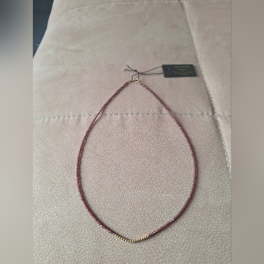 Elegant Real Garnet Beaded Necklace with Real 14k YellowGold Accents-dainty. 16" - Picture 3 of 9